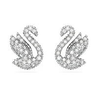 Swan stud earrings, Swan, White, Rhodium plated by SWAROVSKI