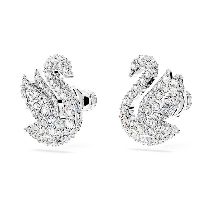 Swan stud earrings, Swan, White, Rhodium plated by SWAROVSKI