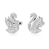 Swan stud earrings, Swan, White, Rhodium plated by SWAROVSKI