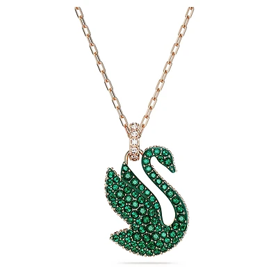 Swan pendant, Swan, Medium, Green, Rose gold-tone plated