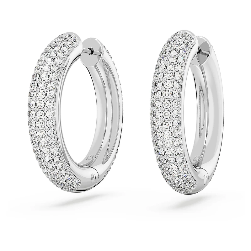 Dextera hoop earrings, Medium, White, Rhodium plated by SWAROVSKI