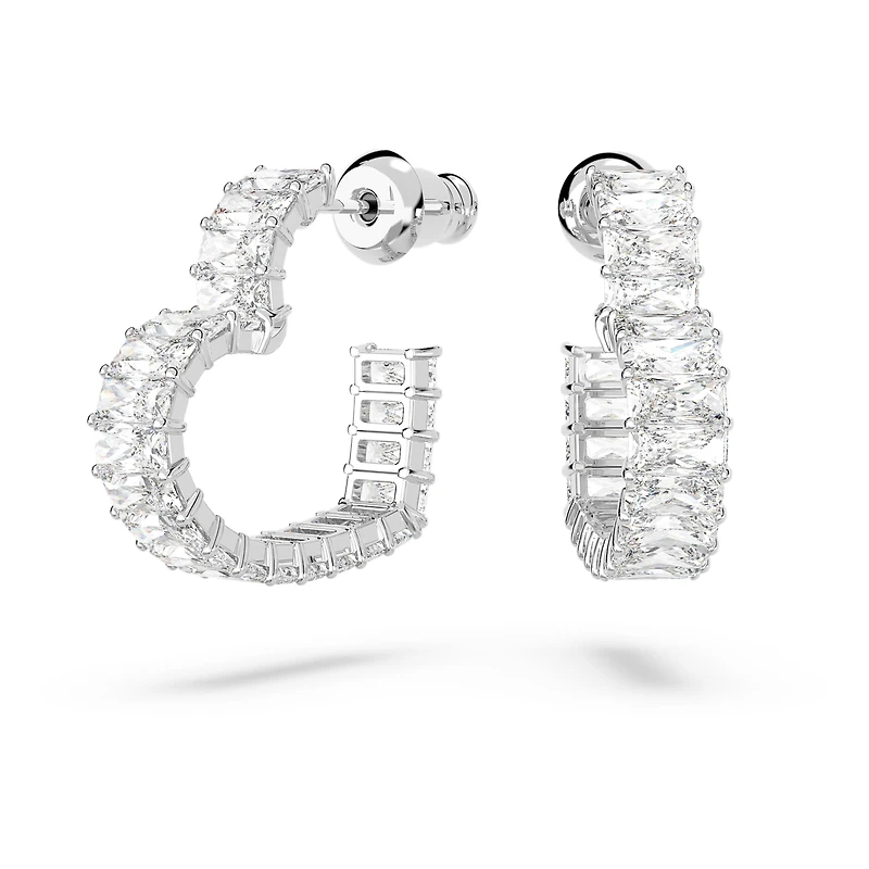 Matrix hoop earrings, Baguette cut, Heart, Small, White, Rhodium plated by SWAROVSKI