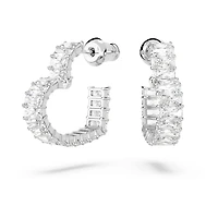 Matrix hoop earrings, Baguette cut, Heart, Small, White, Rhodium plated by SWAROVSKI