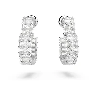Matrix hoop earrings, Baguette cut, Heart, Small, White, Rhodium plated by SWAROVSKI
