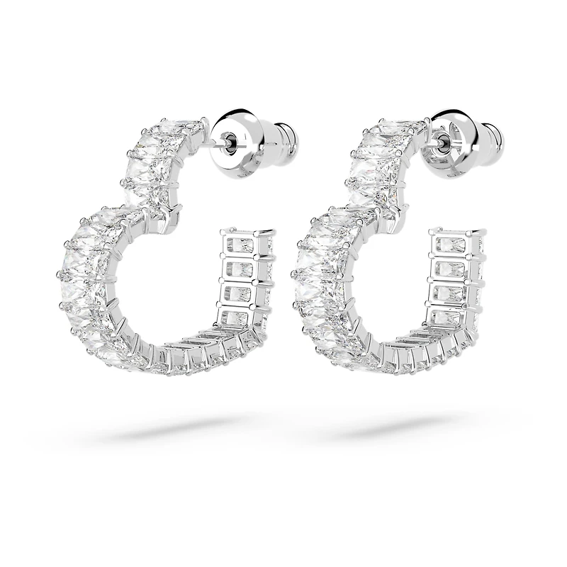Matrix hoop earrings, Baguette cut, Heart, Small, White, Rhodium plated by SWAROVSKI