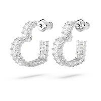 Matrix hoop earrings, Baguette cut, Heart, Small, White, Rhodium plated by SWAROVSKI