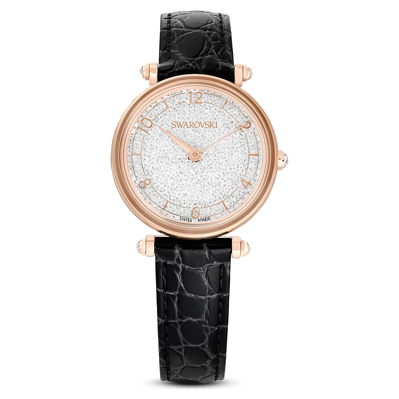 Crystalline wonder watch, Swiss Made, Leather strap, Black, Rose gold-tone finish