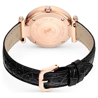 Crystalline wonder watch, Swiss Made, Leather strap, Black, Rose gold-tone finish