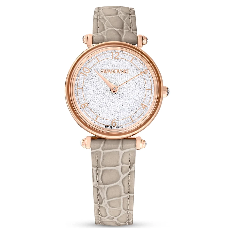 Crystalline wonder watch, Swiss Made, Leather strap, Beige, Rose gold-tone finish by SWAROVSKI