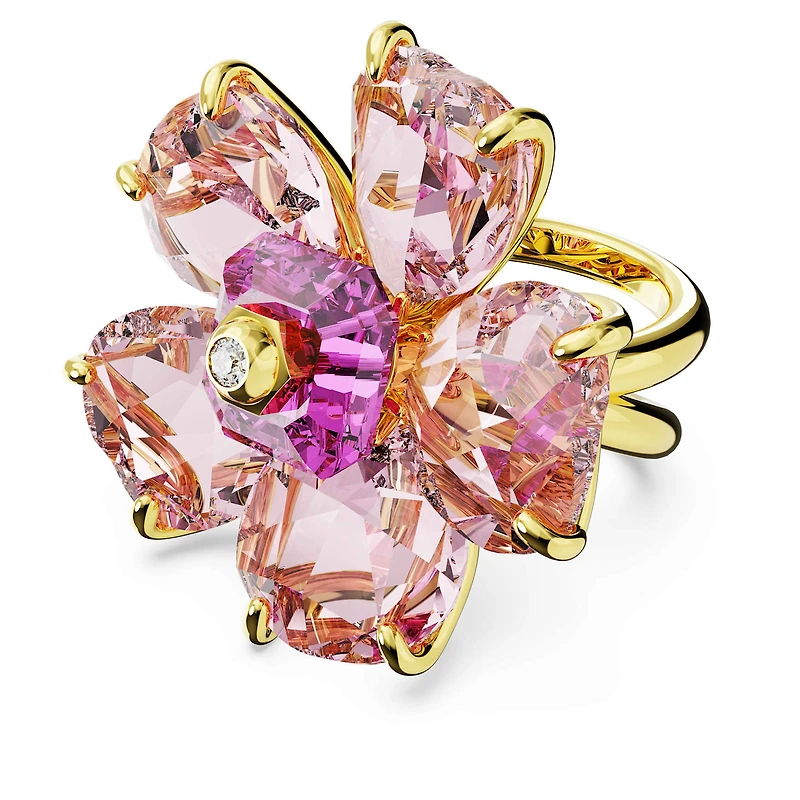 Idyllia cocktail ring, Flower, Pink, 18K gold finish