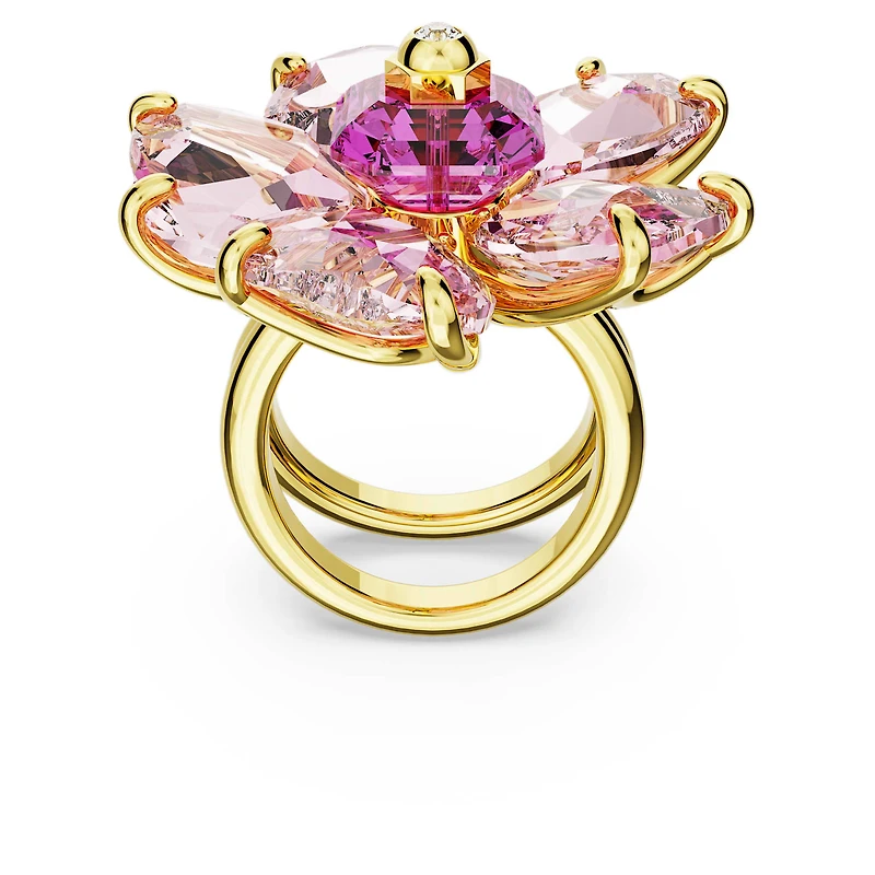 Idyllia cocktail ring, Flower, Pink, 18K gold finish
