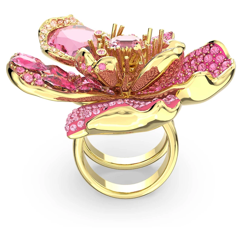 Idyllia cocktail ring, Pavé, Flower, Pink, 18K gold finish