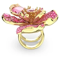 Idyllia cocktail ring, Pavé, Flower, Pink, Gold-tone plated