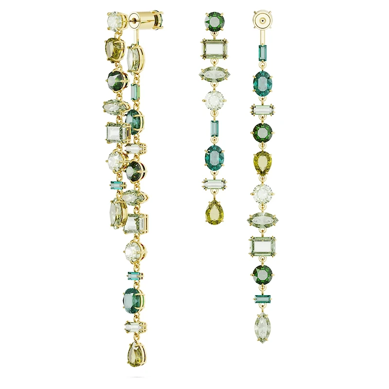 Gema drop earrings, Asymmetrical design, Mixed cuts, Extra long, Green, 18K gold finish