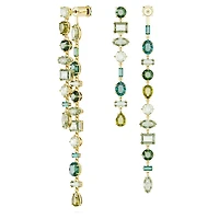 Gema drop earrings, Asymmetrical design, Mixed cuts, Extra long, Green, 18K gold finish