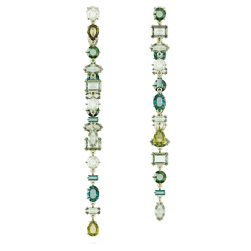 Gema drop earrings, Asymmetrical design, Mixed cuts, Extra long, Green, 18K gold finish
