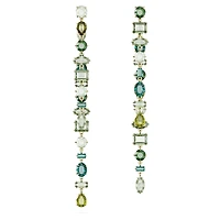 Gema drop earrings, Asymmetrical design, Mixed cuts, Extra long, Green, 18K gold finish