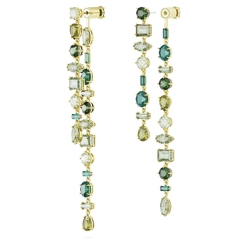 Gema drop earrings, Asymmetrical design, Mixed cuts, Extra long, Green, 18K gold finish