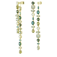 Gema drop earrings, Asymmetrical design, Mixed cuts, Extra long, Green, 18K gold finish
