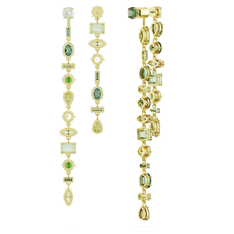 Gema drop earrings, Asymmetrical design, Mixed cuts, Extra long, Green, 18K gold finish