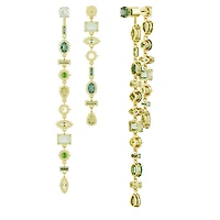 Gema drop earrings, Asymmetrical design, Mixed cuts, Extra long, Green, 18K gold finish