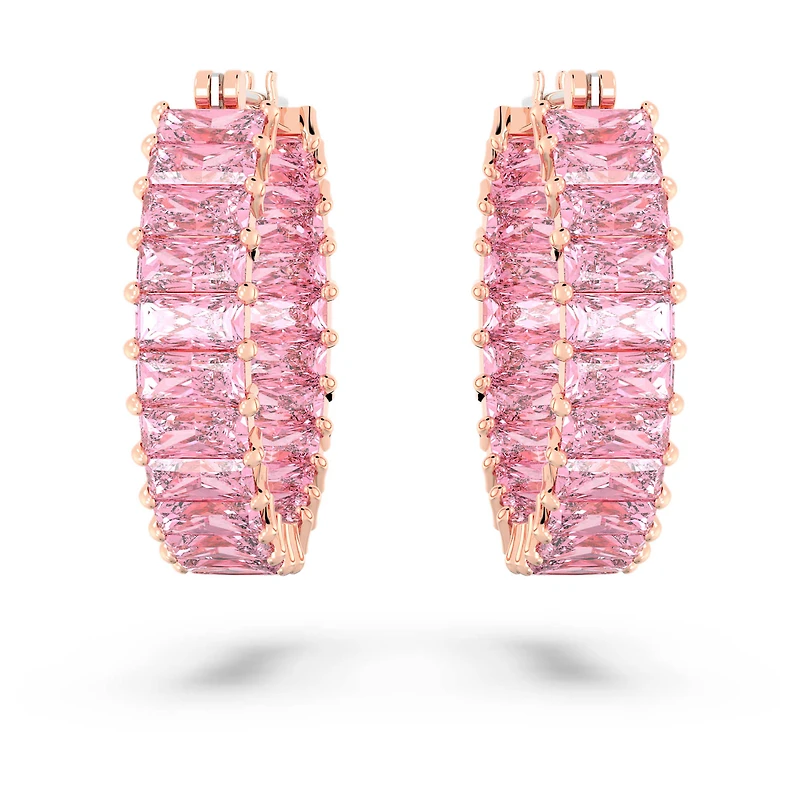 Matrix hoop earrings, Baguette cut, Pink, 18K rose gold finish