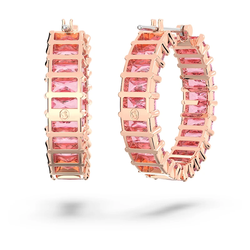 Matrix hoop earrings, Baguette cut, Pink, 18K rose gold finish