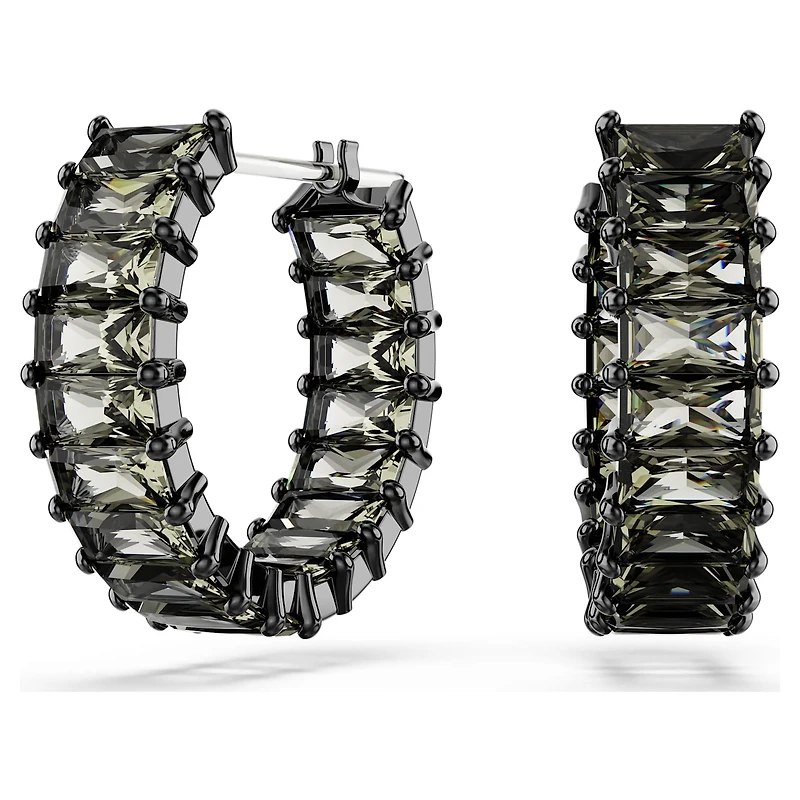 Matrix hoop earrings, Baguette cut, Gray, Ruthenium plated by SWAROVSKI
