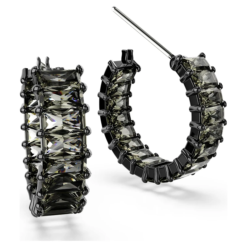 Matrix hoop earrings, Baguette cut, Gray, Ruthenium plated by SWAROVSKI