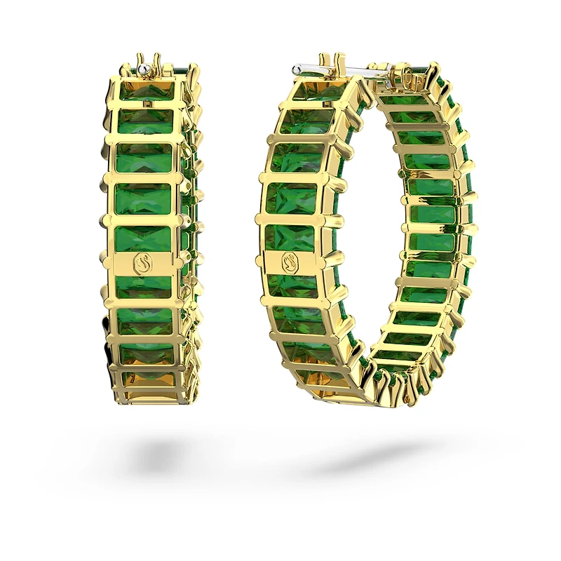 Matrix hoop earrings, Baguette cut, Green, 18K gold finish
