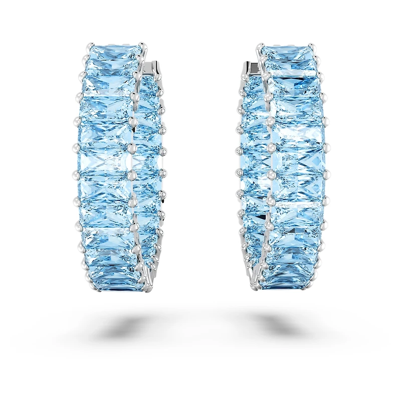 Matrix hoop earrings, Baguette cut, Blue, Rhodium plated by SWAROVSKI