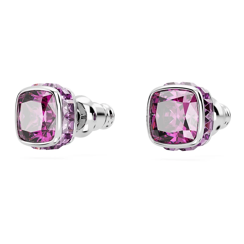 Birthstone stud earrings, Square cut, February, Purple, Rhodium plated by SWAROVSKI