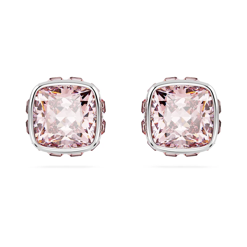 Birthstone stud earrings, Square cut, June, Pink, Rhodium plated by SWAROVSKI