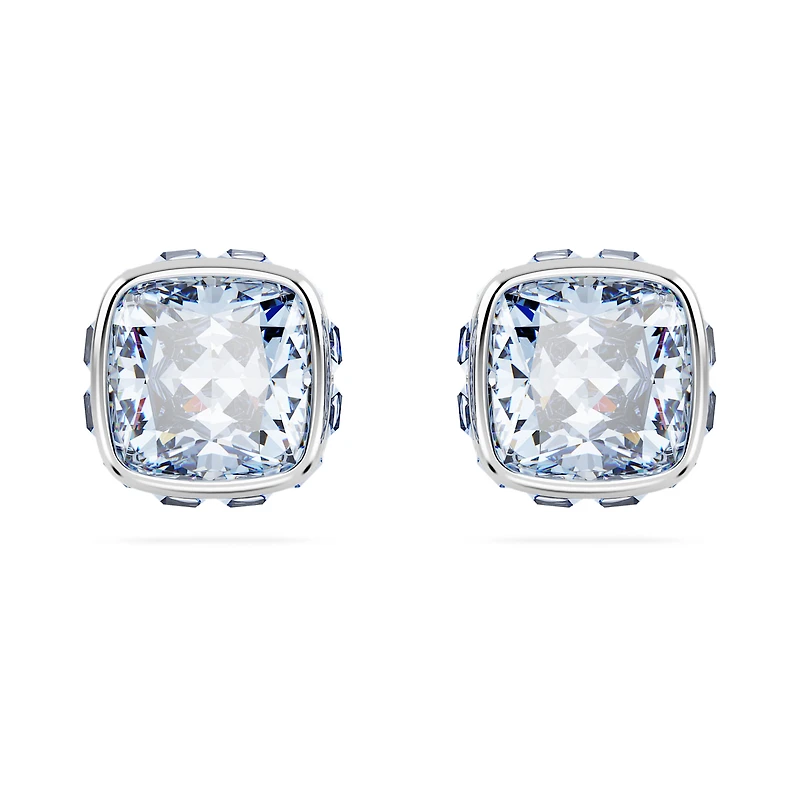 Birthstone stud earrings, Square cut, March, Blue, Rhodium plated by SWAROVSKI