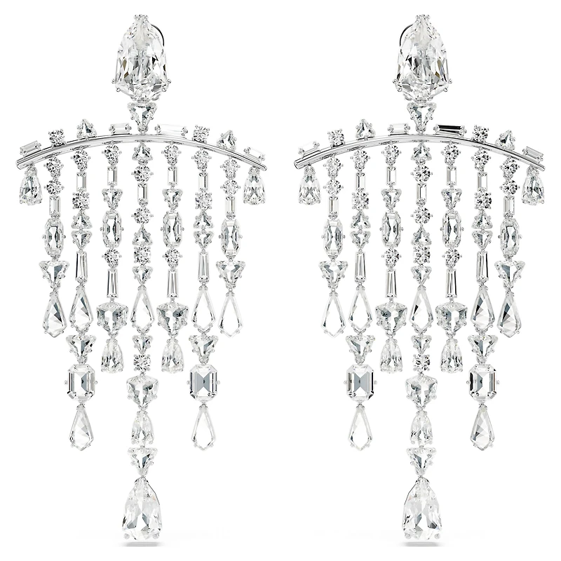 Mesmera clip earrings, Mixed cuts, Chandelier, White, Rhodium plated by SWAROVSKI
