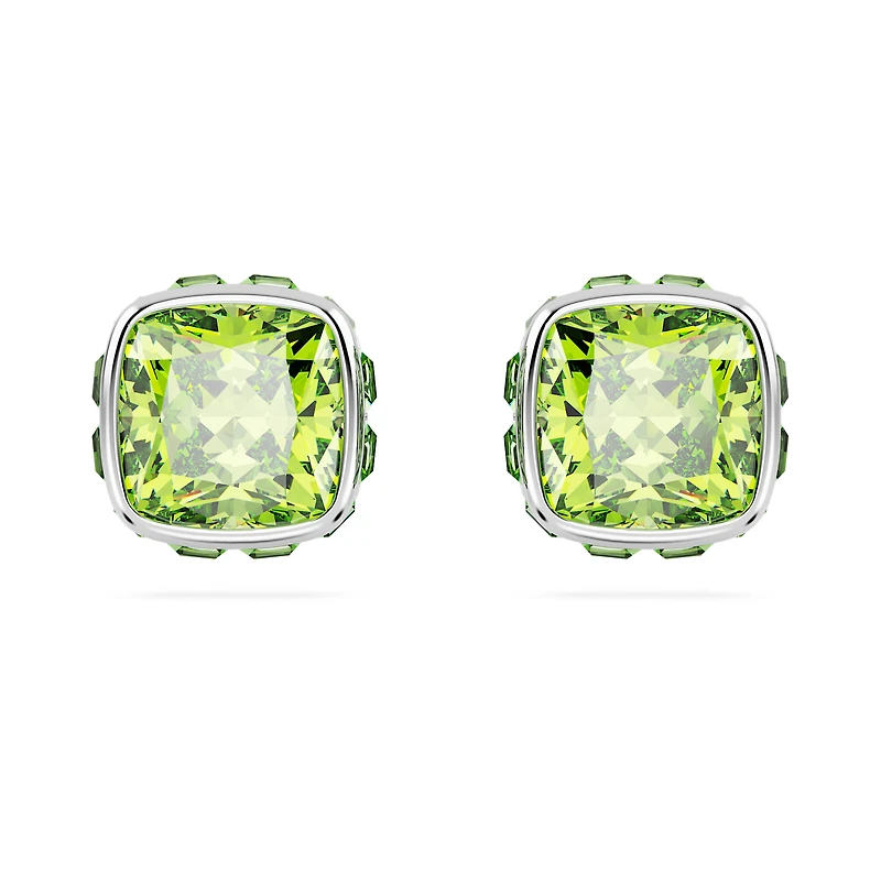 Birthstone stud earrings, Square cut, August, Green, Rhodium plated by SWAROVSKI