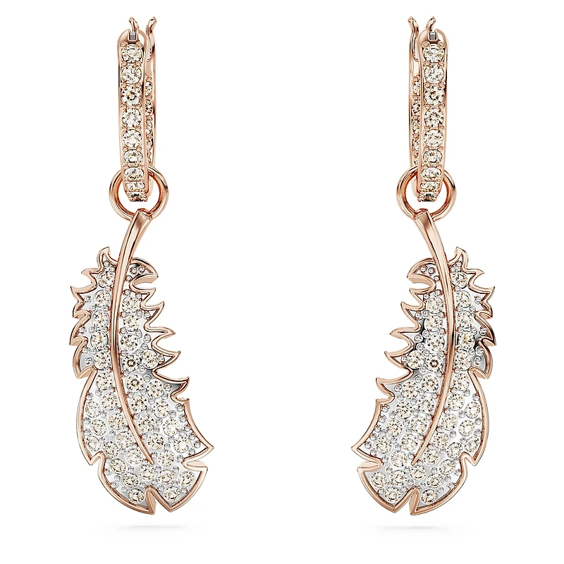Nice drop earrings, Feather, White, Rose gold-tone plated by SWAROVSKI