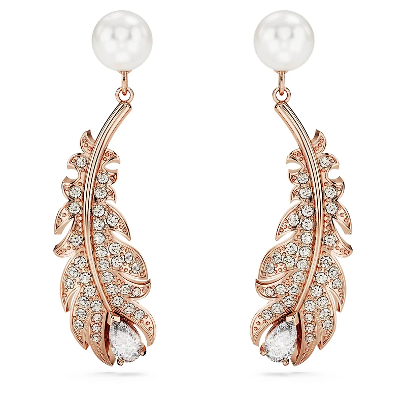 Nice drop earrings, Crystal pearl, Mixed cuts, Feather, White, Rose gold-tone plated by SWAROVSKI