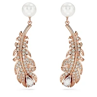 Nice drop earrings, Crystal pearl, Mixed cuts, Feather, White, Rose gold-tone plated by SWAROVSKI