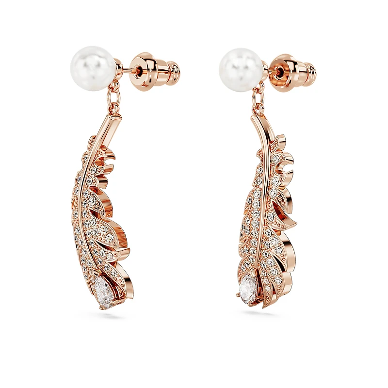 Nice drop earrings, Crystal pearl, Mixed cuts, Feather, White, Rose gold-tone plated by SWAROVSKI