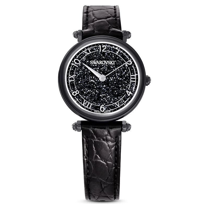 Crystalline Wonder watch, Swiss Made, Leather strap, Black, Black finish by SWAROVSKI