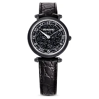 Crystalline Wonder watch, Swiss Made, Leather strap, Black, Black finish by SWAROVSKI