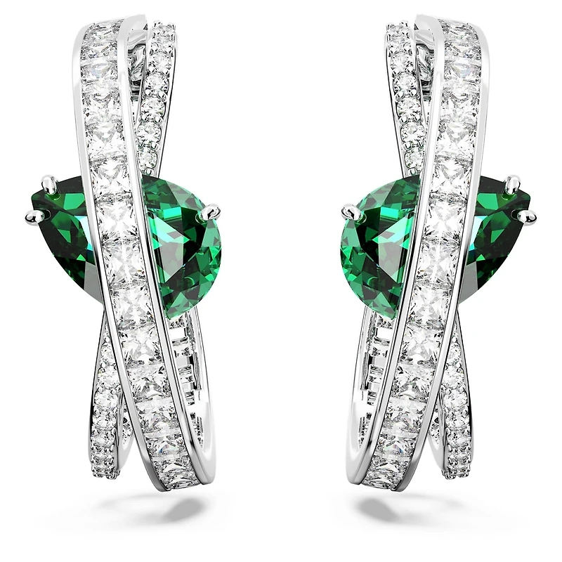 Hyperbola hoop earrings, Mixed cuts, Green, Rhodium plated by SWAROVSKI