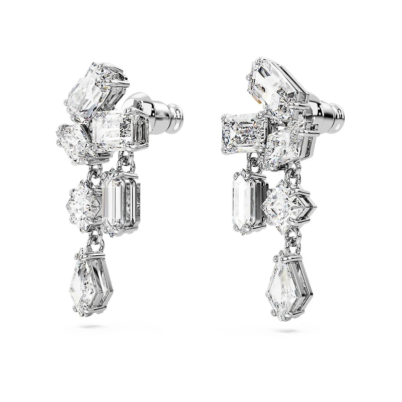 Mesmera drop earrings, Mixed cuts, White, Rhodium plated by SWAROVSKI