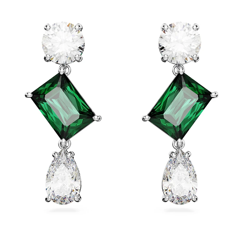 Mesmera drop earrings, Mixed cuts, Green, Rhodium plated by SWAROVSKI
