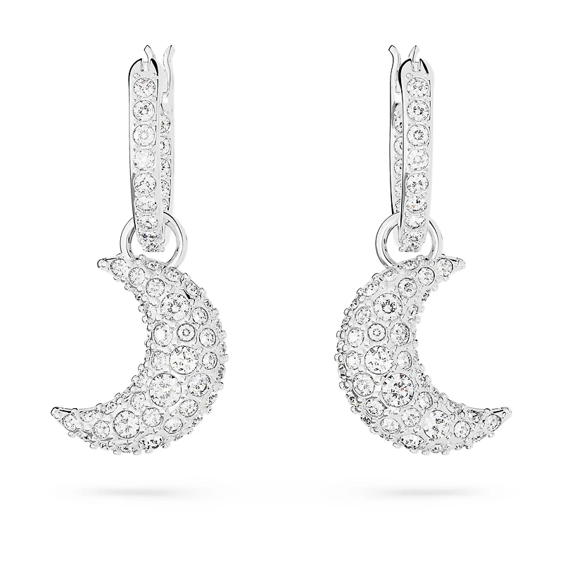 Luna drop earrings, Moon, White, Rhodium plated by SWAROVSKI