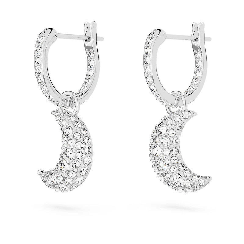 Luna drop earrings, Moon, White, Rhodium plated by SWAROVSKI
