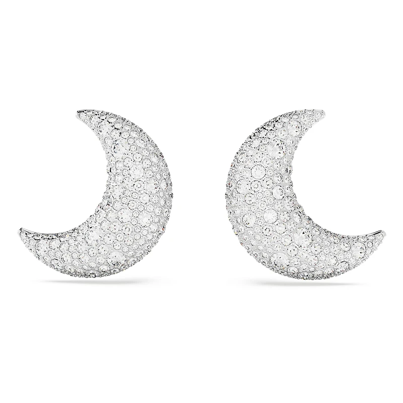 Sublima clip earrings, Moon, White, Rhodium plated