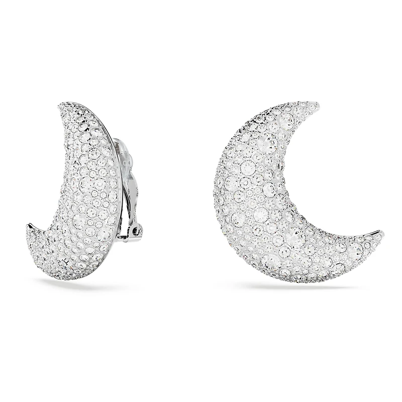 Sublima clip earrings, Moon, White, Rhodium plated