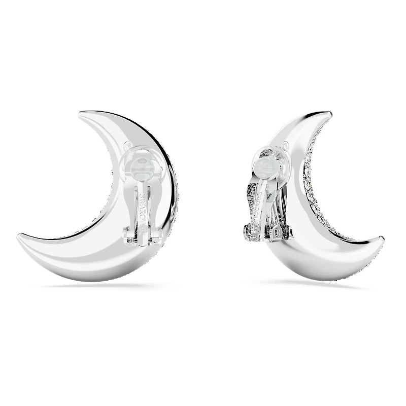 Sublima clip earrings, Moon, White, Rhodium plated